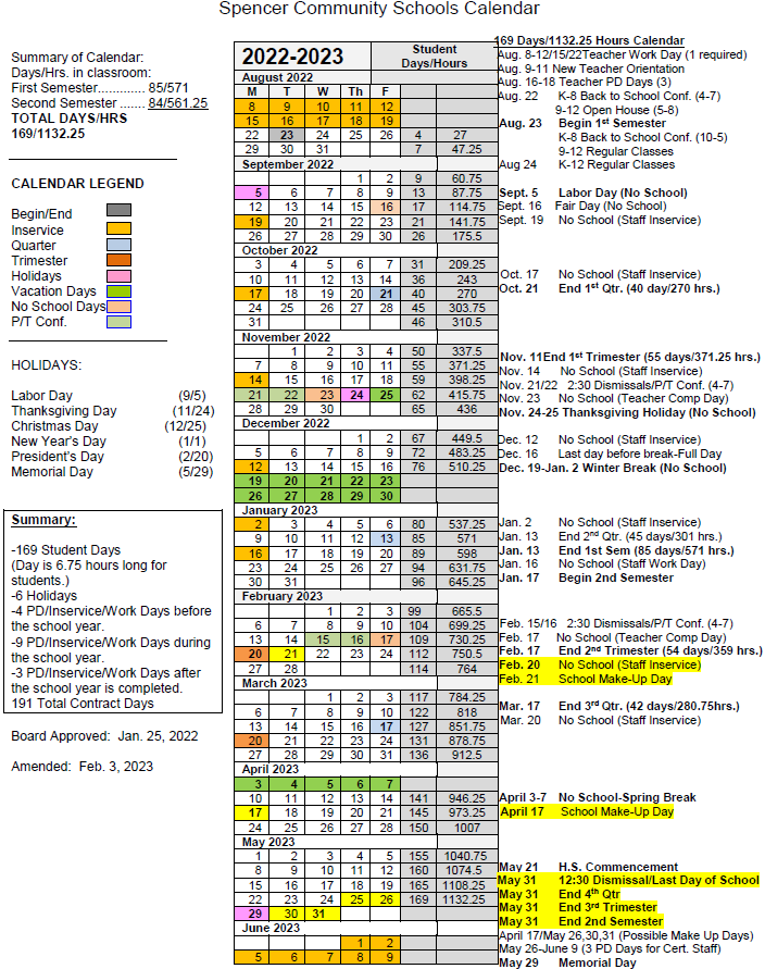 2022 23 Amended Calendar SPENCER COMMUNITY SCHOOL DISTRICT 2022 23 Amended Calendar SPENCER COMMUNITY SCHOOL DISTRICT