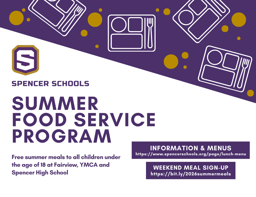 An advertisement for Spencer Schools' Summer Food Service Program features purple and white background with icons of plates, forks, and spoons.