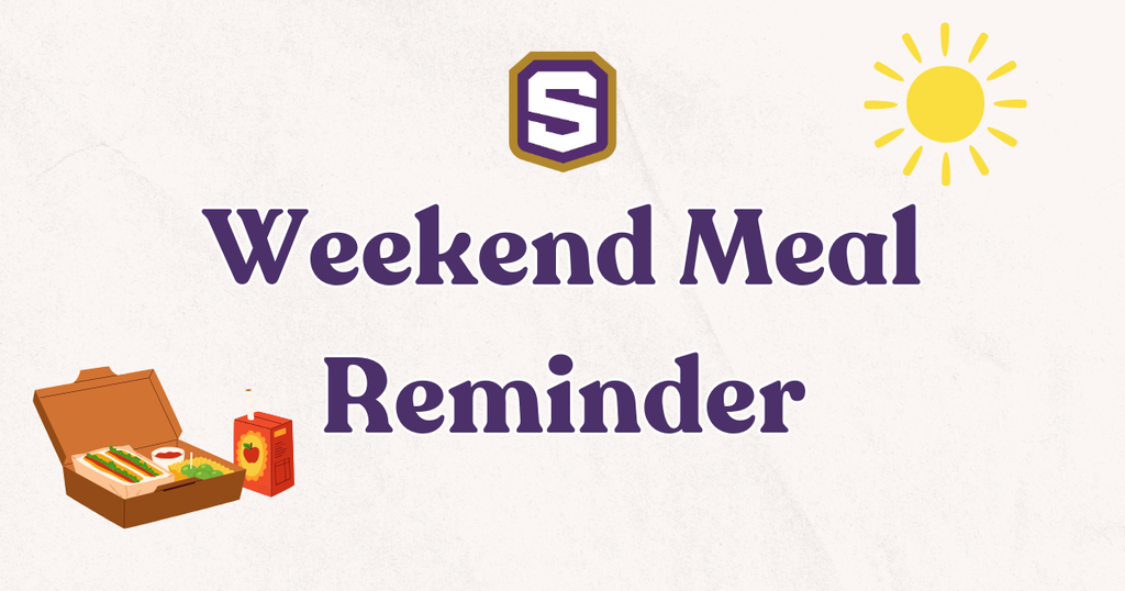 A white background displays "Weekend Meal Reminder" text. Icons include a sun, a packed lunch and a brand logo.