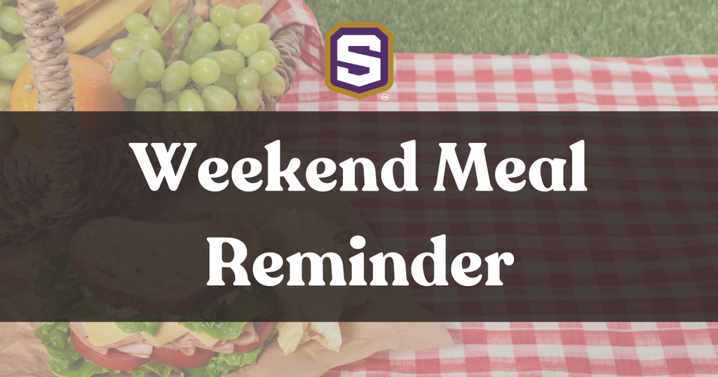"Weekend Meal Reminder" over a picnic background with branded logo.