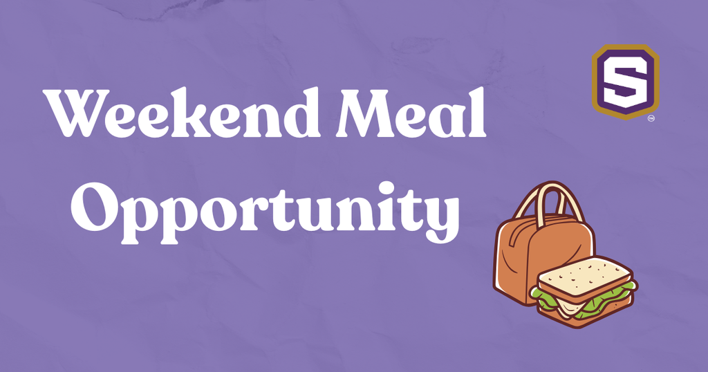 Purple background with "Weekend Meal Opportunity" text, branded logo, and packed lunch.
