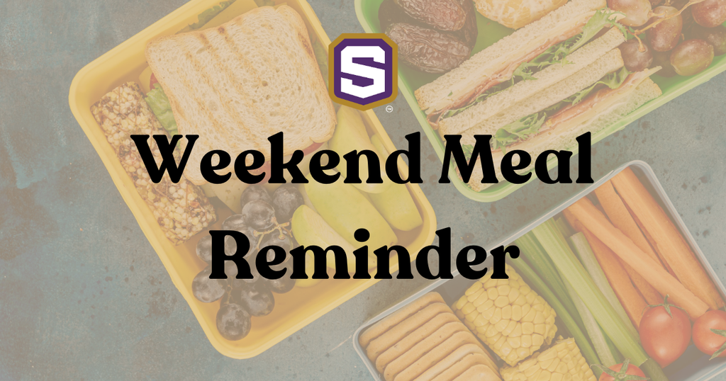 "Weekend Meal Reminder" text over a packed lunch background. Branded logo.