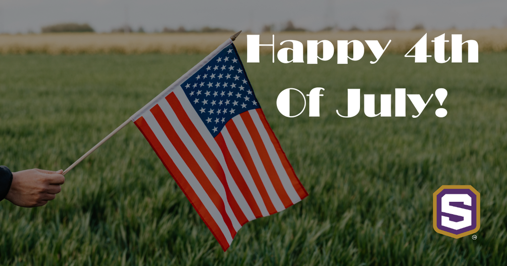 A person holds an American flag in a green field with a "Happy 4th of July" overlay and branded logo.