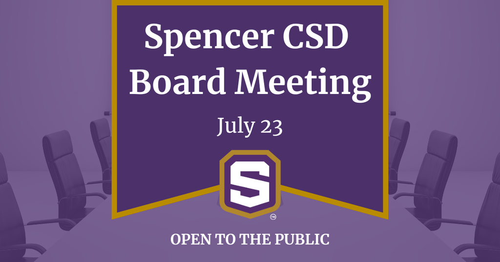 "Spencer County School District Board Meeting" text. Dated July 23, includes Spencer logo, and meeting room image..