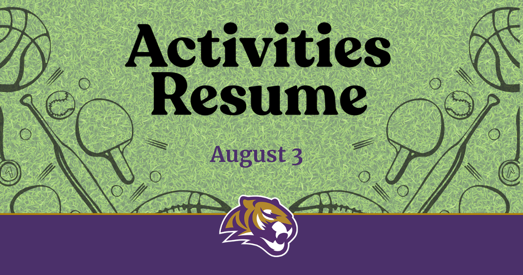 A green background with sports equipment. Text reads "Activities Resume" and "August 3" with a Spencer tiger logo at the bottom.