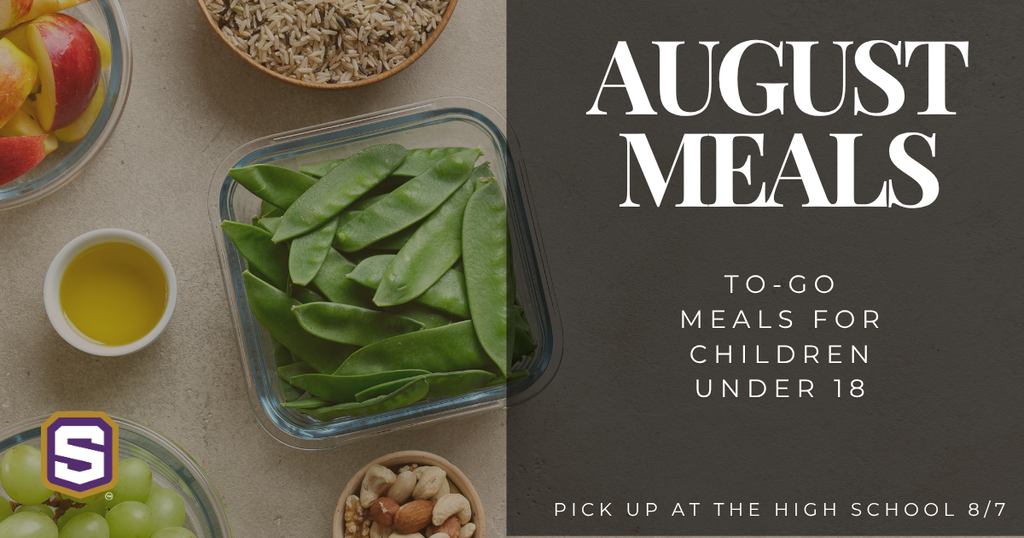 Graphic with to-go food boxes and Spencer logo. Text reads: "August Meals" "To-Go meals for children under 18" "Pick up at the High School 8/7."