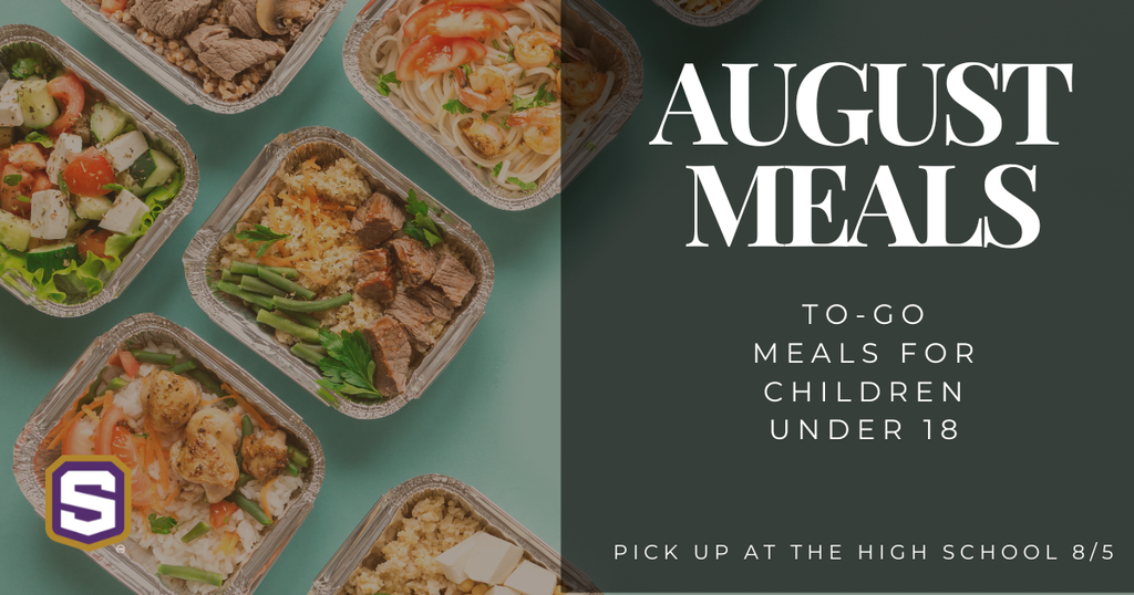 Graphic with to-go food boxes and Spencer logo. Text reads: "August Meals" "To-Go meals for children under 18" "Pick up at the High School 8/5."