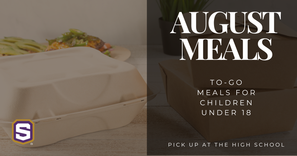 Graphic with to-go food boxes and Spencer logo. Text reads: "August Meals" "To-Go meals for children under 18" "Pick up at the High School."