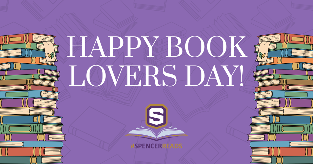 Graphic with stacks of books and the Spencer Reads logo. Text reads: "Happy Book Lovers Day!.
