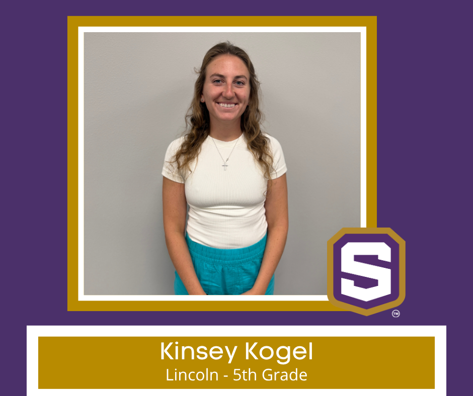 Photo of new teacher with Spencer logo. Text reads: "Kinsey Kogel, Lincoln - 5th Grade"