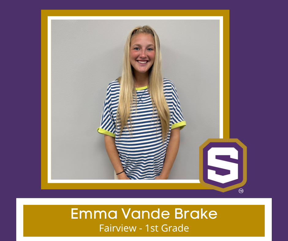 Photo of new teacher with Spencer Logo. Text reads: "Emma Vande Brake, Fairview - 1st Grade"