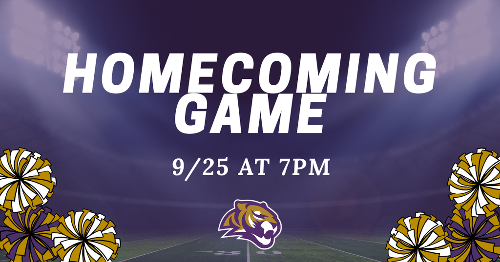 Graphic with football field, pom poms and activity logo. Text reads: "Homecoming game 9/25 at 7pm.