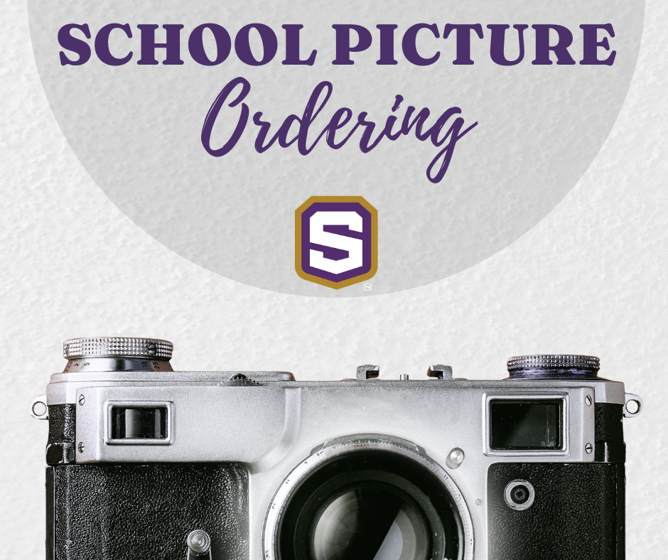 Text "SCHOOL PICTURE Ordering" over a white background. A camera with a lens and a logo with the letter "S" below the text.