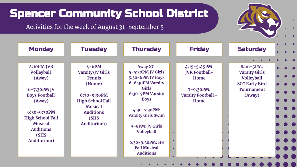 Calendar graphic with activities for the week of August 31-September 5 with Spencer Tiger Logo. Text reads: Monday - 4:10pm JVR Volleyball (Away), 6-7:30pm JV Boys Football (Away), 6:30-9:30pm High School Fall Musical Auditions (SHS Auditorium), Tuesday - 4-6pm Varsity/JV Girls Tennis (Home), 6:30-9:30pm High School Fall Musical Auditions (SHS Auditorium); Thursday - Away XC 5-5:30 JV Girls, 5:30-6pm JV Boys, 6-6:30pm Varsity Girls, 6:30-7pm Varsity Boys, 4:30-7:30pm Varsity Girls Swim, 5-8pm JV Girls Volleyball, 6:30-9:30pm HS Fall Musical Auditions; Friday - 4:15-5:45pm JVR Football Home, 7-9:30PM Varsity Football Home; Saturday - 8am-5pm Varsity Girls Volleyball SCC Early Bird Tournament (Away).