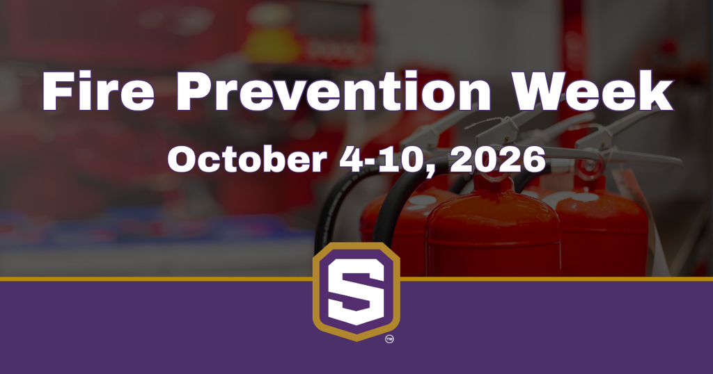 Graphic with fire extinguishers in the background and Spencer Schools logo. Text reads: Fire Prevention Week October 4-10, 2026.