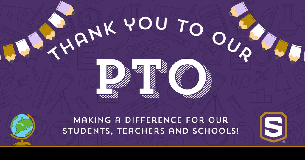 Graphic with Spencer logo and school supply graphics. Text reads: Thank you to our PTO, making a difference for our students, teachers and schools!