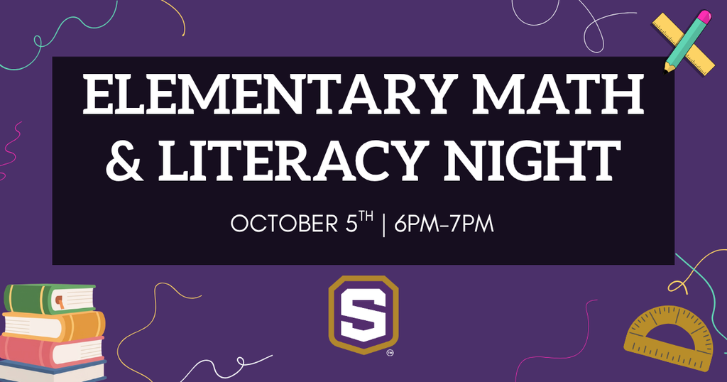 Graphic with Spencer logo and images of school supplies and books. Text reads: Elementary Math & Literacy Night October 5th, 6pm-7pm.
