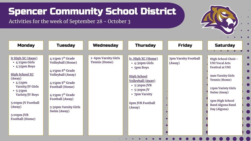 Graphic of calendar of activities for the week of September 28-October 3 with activities logo. Text reads: "Monday - Jr. High Girls Cross Country 4:15pm (away), Jr High Boys Cross Country 4:35pm (away), 4:55pm Varsity/JV Girls XC (Away), 5:35pm Varsity/JV Boys XC (Away), 5pm JV Football (Away), 5pm JVR Football (Home); Tuesday - 4:15pm 7th grade volleyball (home), 4:15pm 8th grade volleyball (away), 4:15pm 8th grade football (home), 4:15pm 7th grade football (away), 5:30pm varsity girls swim (away); Wednesday - 1-6pm Varsity girls tennis (home); Thursday - 4:30pm Jr. High Girls Cross Country (home), 5pm Jr. High Boys Cross Country (home), 5:30pm JVR Volleyball (away), 5:30pm JV Volleyball (away), 7pm Varsity Volleyball (away), 6pm JVR Football (away); Friday - 7pm Varsity Football (away); Saturday - High School Choir at UNI Vocal Arts Festival, 9am Varsity Girls Tennis (home), 12pm Varsity Girls Swim (Away), 5pm High School Band at Algona Band Day.