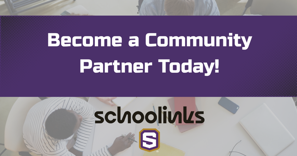 Graphic with background image of people working at a table. Spencer Schools and SchooLinks logos under the text. Text reads: Become a Community Partner Today!