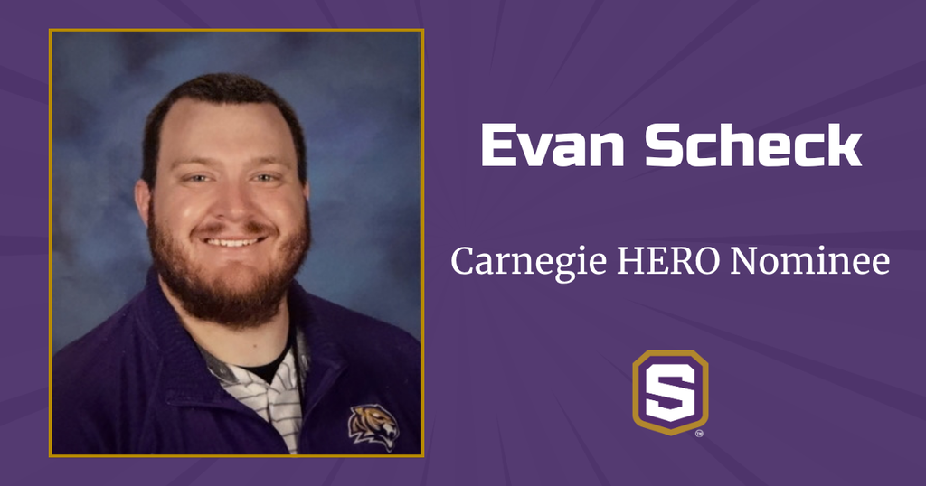 Graphic with photo of Teacher, Evan Scheck and Spencer logo. Text reads: Carnegie HERO Nominee.