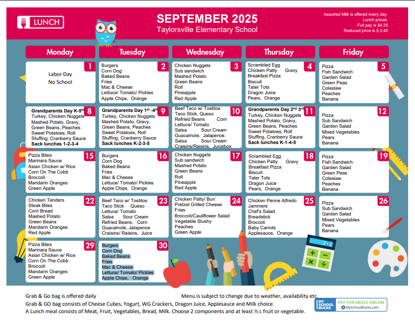 September Lunch Menu 2025