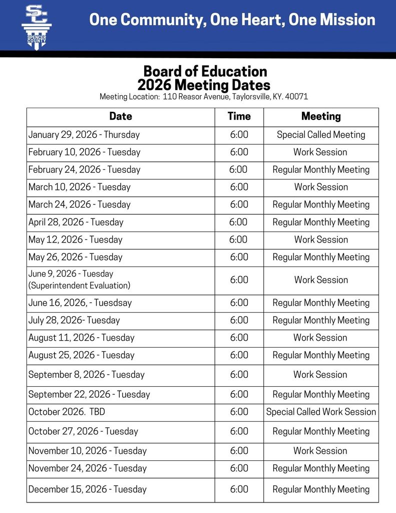 2026 Meeting Dates for Spencer County Board of Education