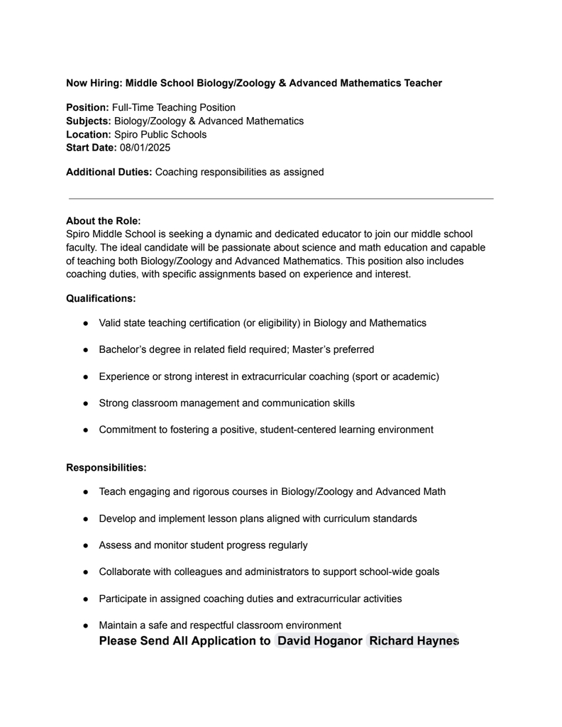 Middle School Science & Mathematics Position
