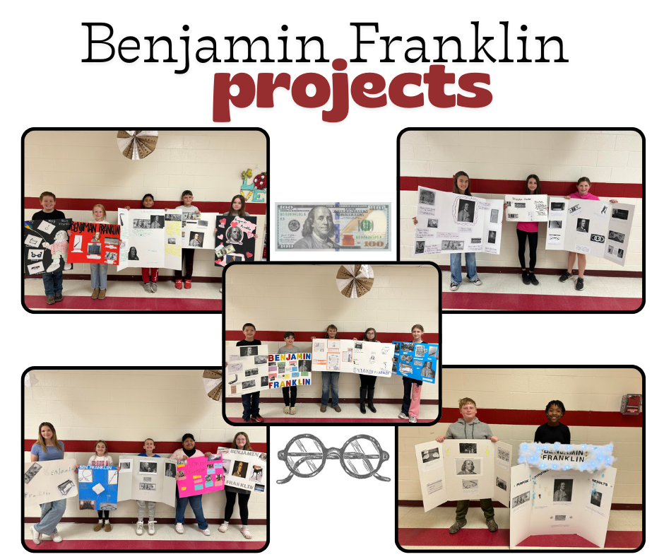 5th grade students displaying their Benjamin Franklin projects