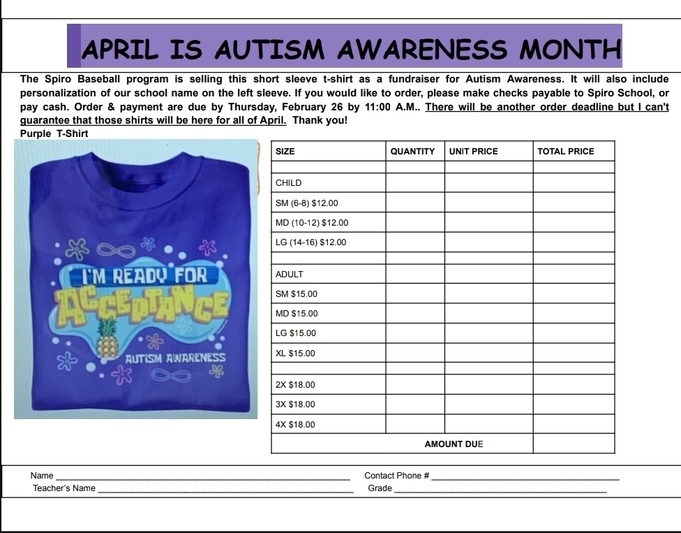 Autism Awareness tshirt order form
