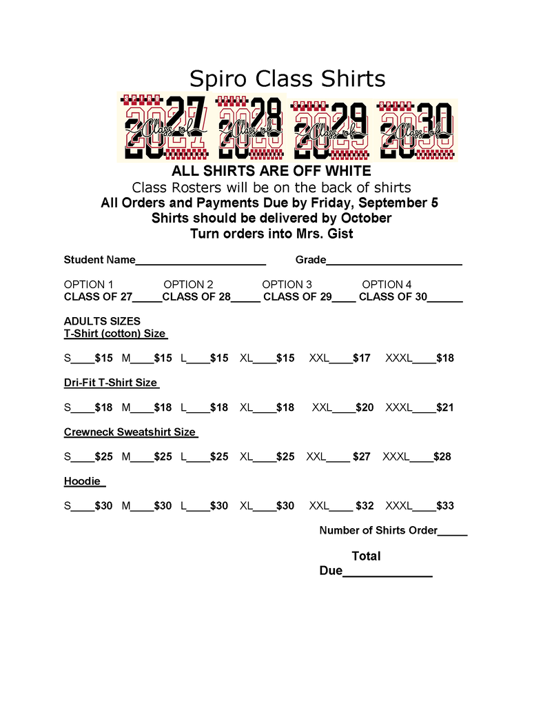 Class Shirts order form