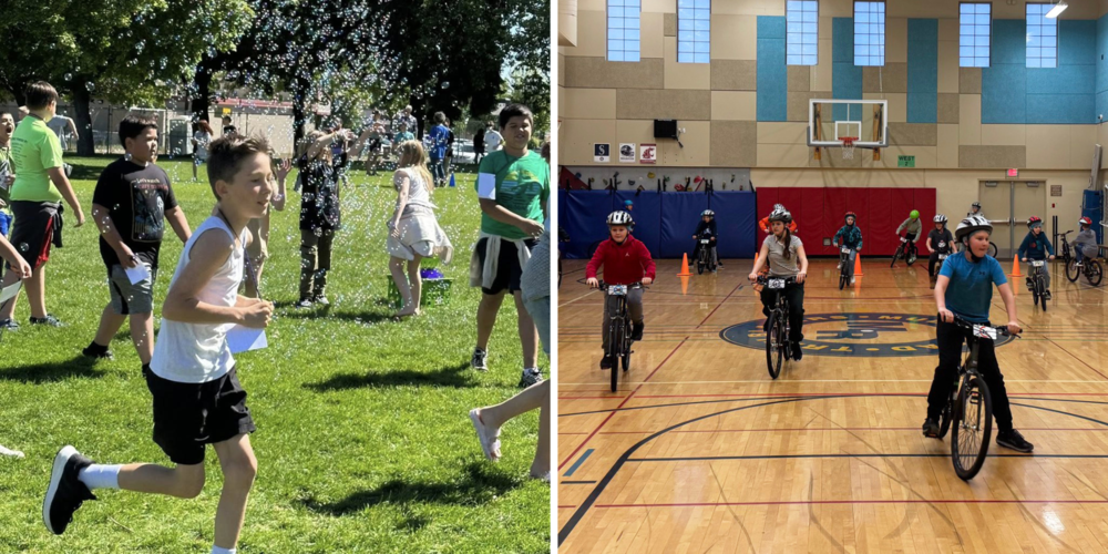 Two photos with students running through bubbles outside and students riding bikes in a school gynm.