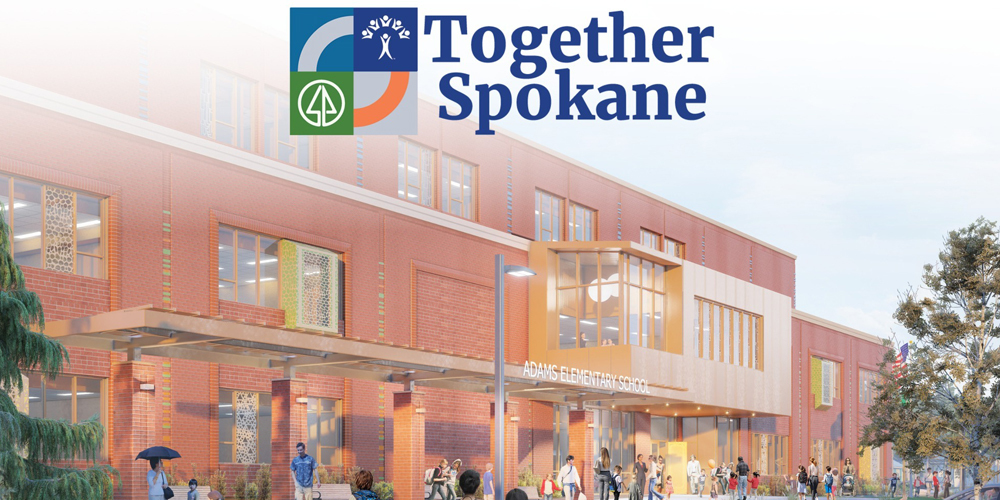 Together Spokane logo atop a rendering of the new Adams Elementary