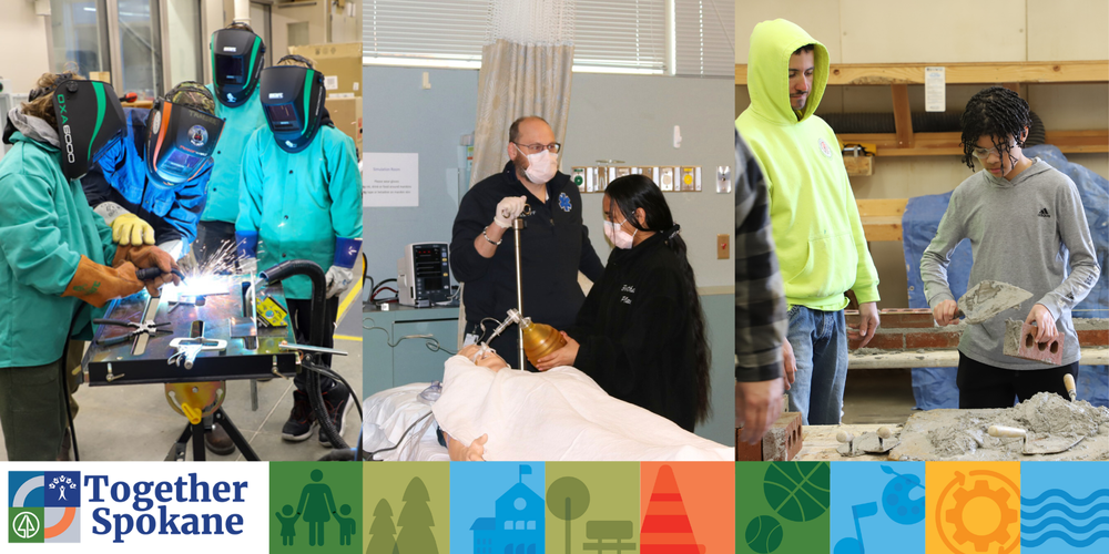 Collage of students learning skilled trades like manufacturing, healthcare, and construction with Together Spokane branding.