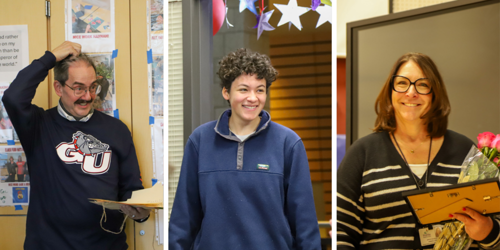 Collage of three individuals smiling in surprise as they receive an award.