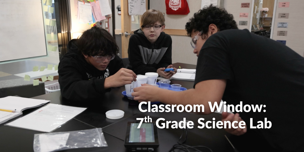 Middle school students perform a science experiment. Text reads Classroom Windows: 7th Grade Science Lab