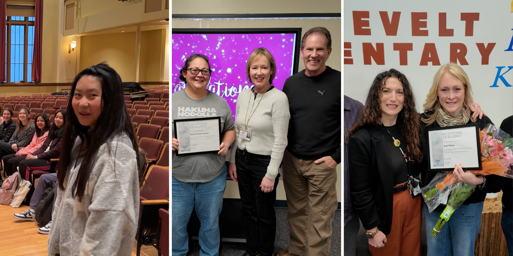 Collage of three individuals smiling in surprise as they receive an award.