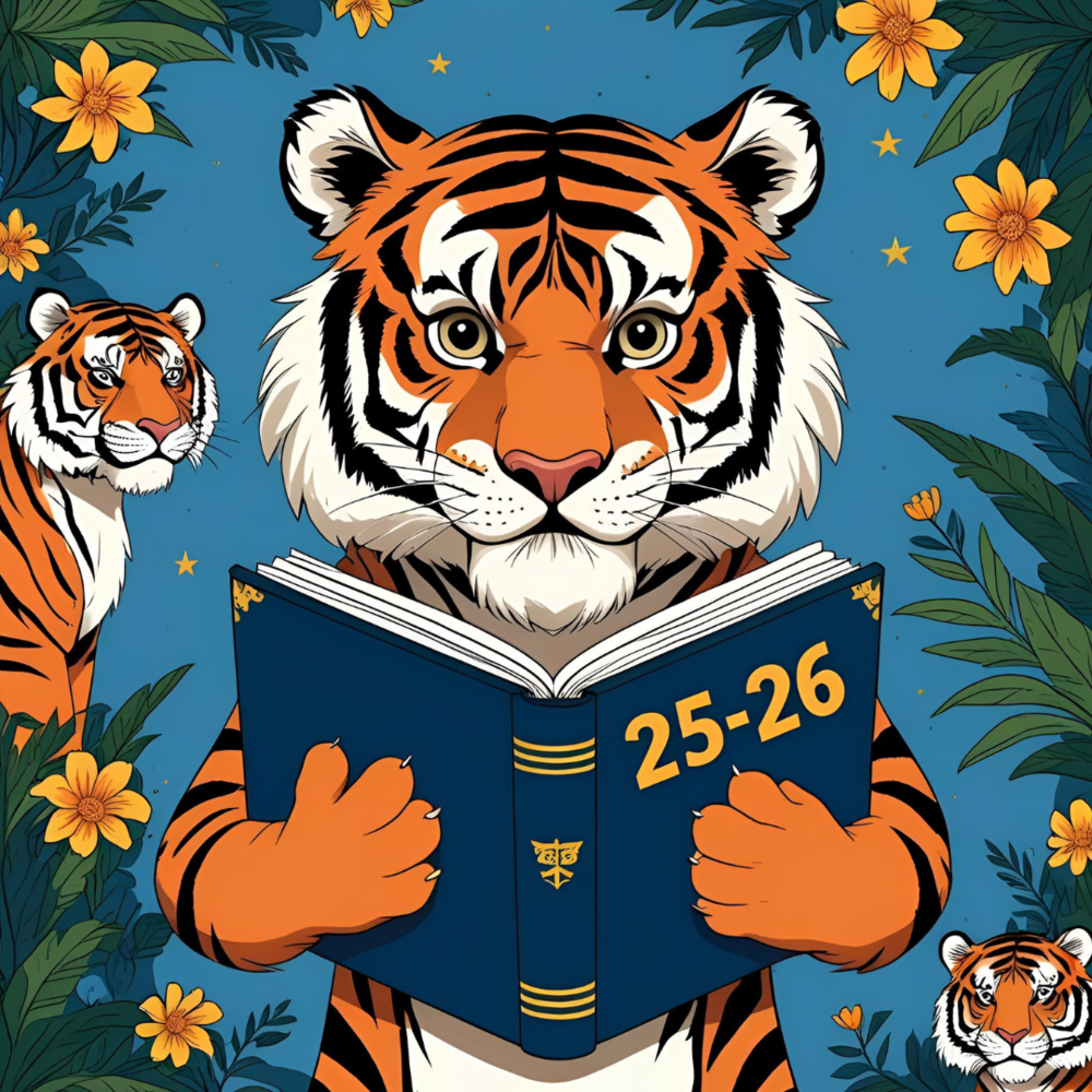 Tiger holding yearbook