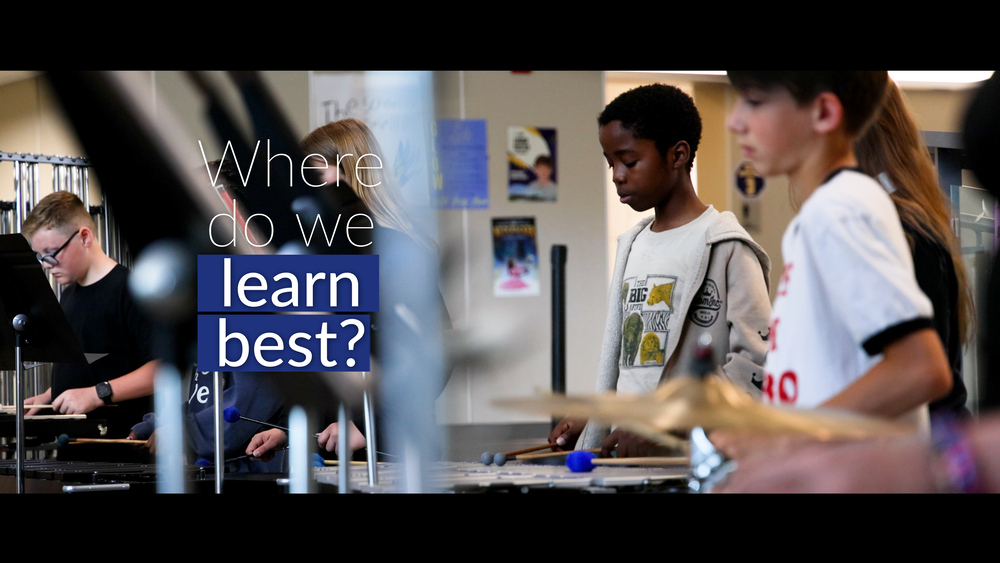 Middle school students play precussion instruments; text reads "Where do we learn best?"