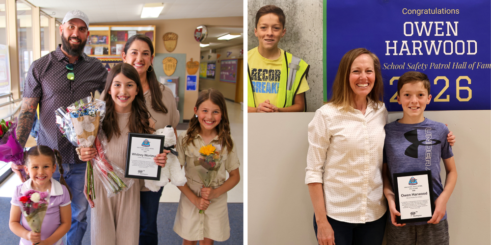 Two elementary students holding AAA School Safety Patrol Hall of Fame Awards with their families.