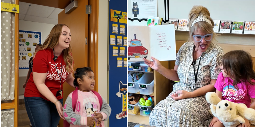Collage of two teachers on the first day of school with young students.