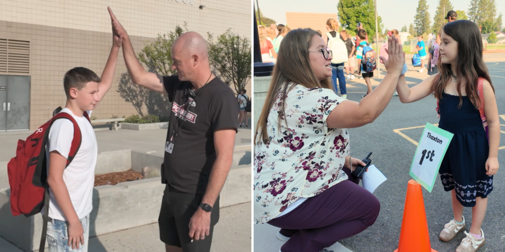 A collage with photos of two principals high fiving students.
