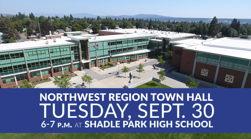 View of Shadle Park High School with information about a town hall on Tuesday, Sept. 30, 6-7 PM.