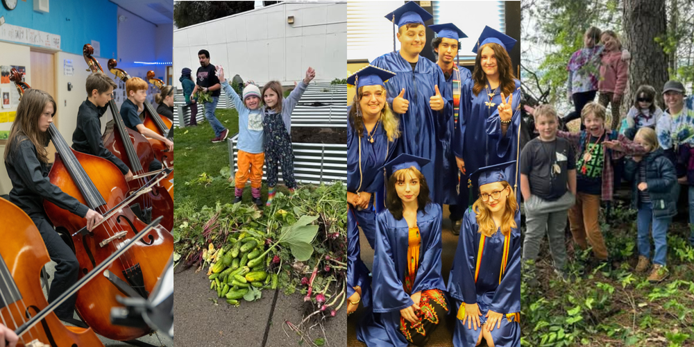 Collage of Option school students playing instruments, working in a garden, celebrating graduation, and exploring nature.