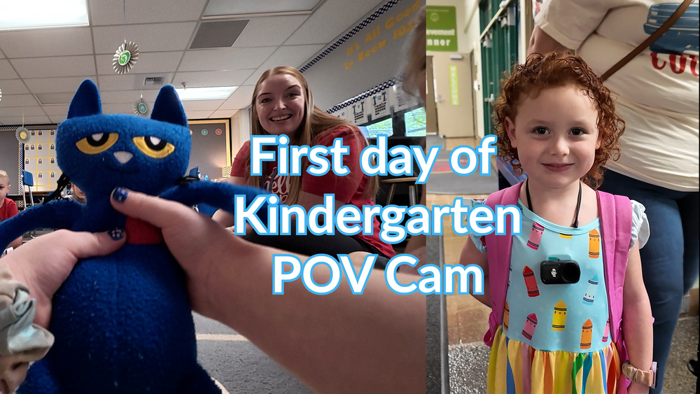 Side by side photos of a kindergarten student wearing a camera and her point of view of a teacher in her classroom while holding a blue toy cat.