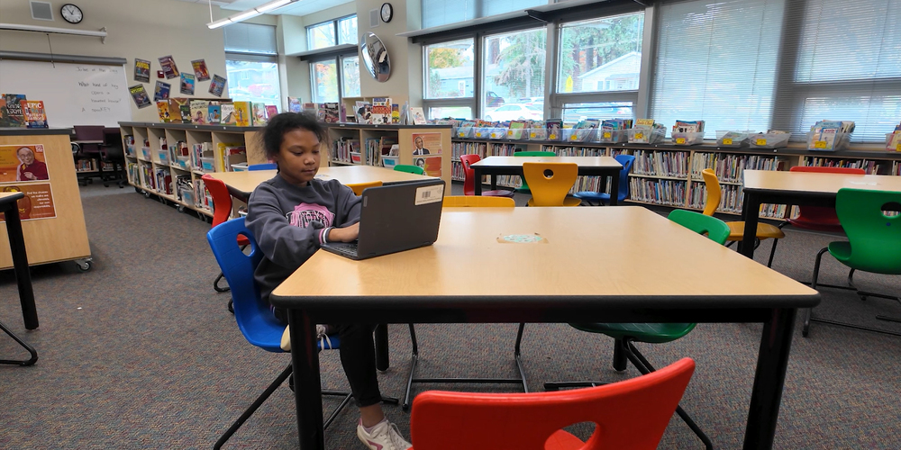 A student sits at a laptop in an elementary school library.