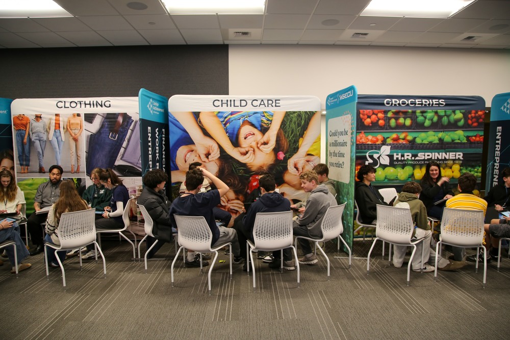 Groups of students sit in circles near banners displaying the words Clothing, Childcare, and Groceries.