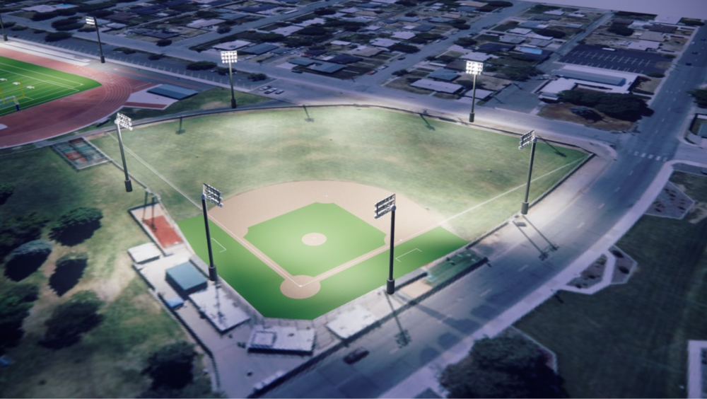 Rendering of a baseball/softball field lit at night.