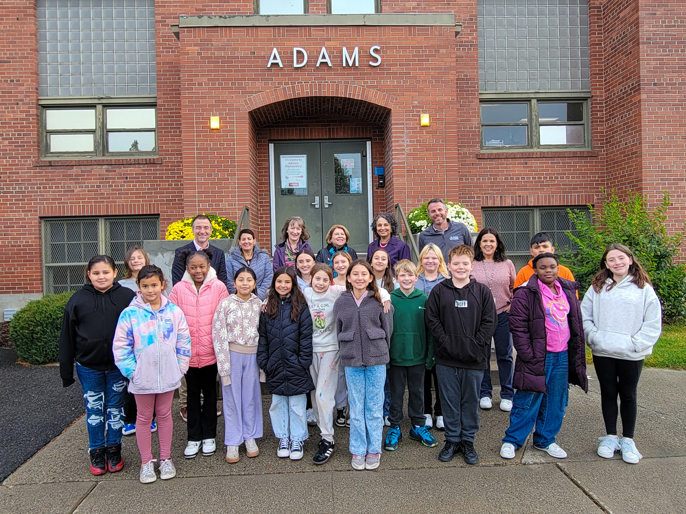 Students in front of school