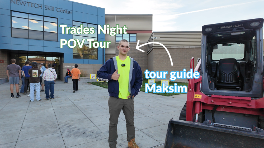 High school tour guide Maksim gives a thumbs up before leading a Trades Night tour.