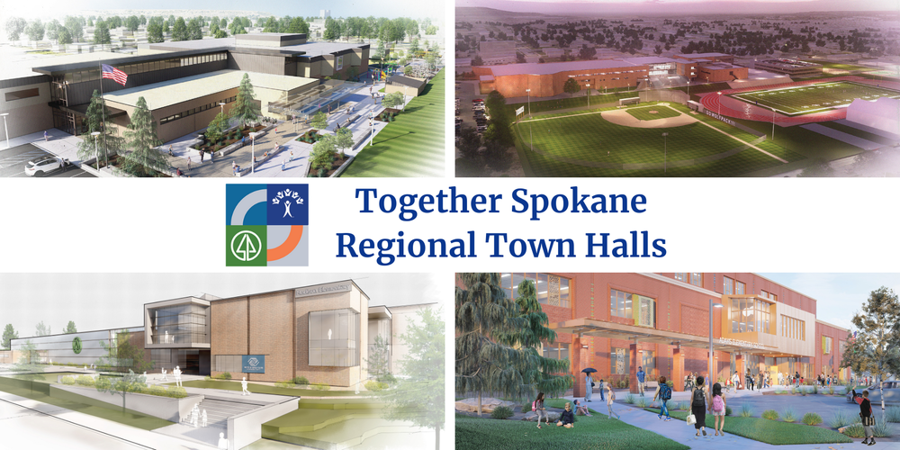 Collage of renderings of four school renovation projects with the logo for Together Spokane.